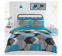 Lions 4 Piece Complete Bedding Sets - Blue Geometric Shapes Double Duvet Cover Set 200x200cm With 1x Fitted Sheet and Matching 2x Pillowcase, Soft Poly Cotton Bed Linen, Reversible Quilt Covers