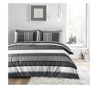 Lions 4 Piece Complete Bedding Sets - Textured Striped Grey Double Duvet Cover Set 200x200cm With 1x Fitted Sheet and Matching 2x Pillowcase, Soft Poly Cotton Bed Linen, Reversible Quilt Covers