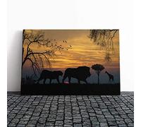 Lions and Giraffe Sunset Landscape Canvas Print | Gallery Wrapped 30mm Frame Wall Art | 24x16 inches | Ready to Hang | Modern Animals Picture | Living Room Bedroom Lounge Office