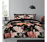 Lions Black Floral Bedding Set - Microfibre Soft Printed King Size Duvet Cover with Matching Pillowcase - 100% Polyester Reversible Flowers Print Quilt Covers, 230x220cm