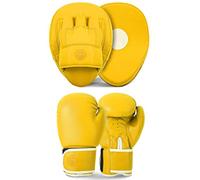 Lions Boxing Set Focus Pads and Gloves Mitts Punch Bag MMA Training Hook & Jab, Men Women Adult Kids Unisex Sparring Martial Arts Karate Fitness Exercise Sets (Yellow, 10OZ)