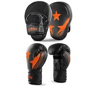 Lions Boxing Set Focus Pads and Gloves Mitts Punch Bag MMA Training Hook & Jab, Men Women Adult Kids Unisex Sparring Martial Arts Karate Fitness Exercise Sets (Orange Max Star, 10OZ)