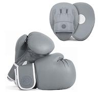 Lions Boys Boxing Gloves and Pads - Set of Sparring Punching Mma Focus Hook & Jab Training Mitts (GREY-PLAIN, 12OZ)