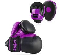 Lions Boys Boxing Gloves and Pads - Set of Sparring Punching Mma Focus Hook & Jab Training Mitts (PURPLE-INJECTION, 10OZ)