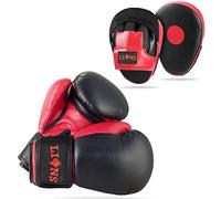 Lions Boys Boxing Gloves and Pads - Set of Sparring Punching Mma Focus Hook & Jab Training Mitts (RED-INJECTION, 10OZ)