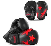 Lions Boys Boxing Gloves and Pads - Set of Sparring Punching Mma Focus Hook & Jab Training Mitts (RED-MAXSTAR, 10OZ)