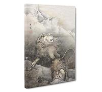 Lions by Kano Hogai Painting Canvas Print | Gallery Wrapped 30mm Frame Wall Art | 30x20 inches | Ready to Hang | Contemporary Animal Picture | Living Room Bedroom Lounge Office