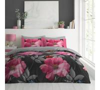Lions Charcoal Floral Bedding Set - Microfibre Soft Printed King Size Duvet Cover with Matching Pillowcase - 100% Polyester Reversible Flowers Print Quilt Covers, 230x220cm