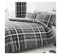 Lions Check Bedding Set - Bed Duvet Covers Double Size with Matching Pillowcase, Ultra Soft Reversible Poly Cotton Quilt Covers, Button Closure, 200x200cm, Grey