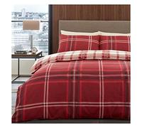 Lions Check Bedding Set - King Size Bed Duvet Cover with Matching Pillowcase, Ultra Soft Reversible Poly Cotton Quilt Covers, Button Closure, 230x220cm, Bardsley Red