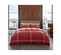 Lions Checked Bedding Set - Bardsley Check King Size Duvet Cover with Pillowcase, Poly Cotton Reversible Quilt Covers, 3 Piece Soft Bed Set, Machine Washable, Button Closure, Red