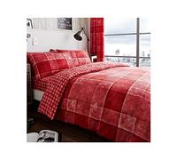 Lions Checked Bedding Set - Premium Striped Double Duvet Cover with Pillowcase, Poly Cotton Reversible Quilt Covers, 3 Piece Soft Bed Set, Machine Washable, Button Closure, Denim Red