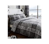 Lions Checked Bedding Set - Premium Striped Double Duvet Cover with Pillowcase, Poly Cotton Reversible Quilt Covers, 3 Piece Soft Bed Set, Machine Washable, Button Closure, Deniim Grey
