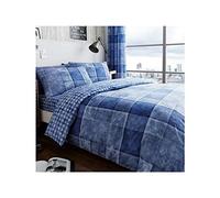 Lions Checked Bedding Set - Premium Striped Double Duvet Cover with Pillowcase, Poly Cotton Reversible Quilt Covers, 3 Piece Soft Bed Set, Machine Washable, Button Closure, Deniim Blue