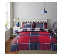 Lions Checked Bedding Set - Premium Striped King Size Duvet Cover with Pillowcase, Poly Cotton Reversible Quilt Covers, 3 Piece Soft Bed Set, Machine Washable, Button Closure, Red