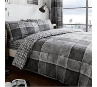 Lions Denim Check Grey Reversible Ultra Soft Duvet Cover Sets King Size Bed with Pillowcase, Reversible Plaid Quilt Covers, Machine Washable, 230x220cm