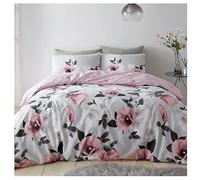 Lions Floral Bedding - Reversible Duvet Cover Set with Matching Pillowcase, Soft Printed Flowers Quilt Covers Bed Linen Sets, Poly Cotton, Blush Pink and Grey, 2 Piece Single 137x200cm