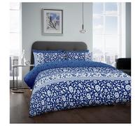 Lions Floral Bedding Set - 4 Piece King Size Bed Duvet Cover with Pillowcase Fitted Sheet, Soft Poly Cotton Reversible Quilt Covers, Navy Blue