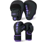 Lions Focus Pads and Gloves Set - Boxing Hook and Jabs Sparring Punch Martial Arts MMA Punching Mitts Muay Thai Kickboxing Coach Glove Sets for Men Women (PURPLE-BOTEGA, 6OZ)