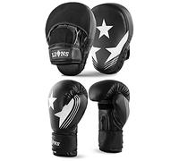 Lions Focus Pads and Gloves Set - Boxing Hook and Jabs Sparring Punch Martial Arts MMA Punching Mitts Muay Thai Kickboxing Coach Glove Sets for Men Women (WHITE-MAXSTAR, 10OZ)