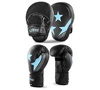 Lions Focus Pads and Gloves Set - Boxing Hook and Jabs Sparring Punch Martial Arts MMA Punching Mitts Muay Thai Kickboxing Coach Glove Sets for Men Women (MAXSTAR - BLUE, 10OZ)