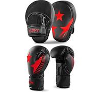 Lions Focus Pads and Gloves Set - Boxing Hook and Jabs Sparring Punch Martial Arts MMA Punching Mitts Muay Thai Kickboxing Coach Glove Sets for Men Women (MAXSTAR - RED, 10OZ)