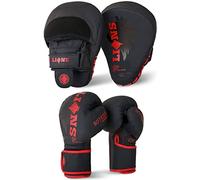 Lions Focus Pads and Gloves Set - Boxing Hook and Jabs Sparring Punch Martial Arts MMA Punching Mitts Muay Thai Kickboxing Coach Glove Sets for Men Women (RED-BOTEGA, 10OZ)