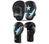 Lions Focus Pads and Gloves Set - Boxing Hook and Jabs Sparring Punch Martial Arts MMA Punching Mitts Muay Thai Kickboxing Coach Glove Sets for Men Women (BLUE-MAXSTAR, 10OZ)