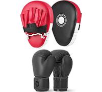 Lions Focus Pads and Gloves Set - Boxing Hook and Jabs Sparring Punch Martial Arts MMA Punching Mitts Muay Thai Kickboxing Coach Glove Sets for Men Women (RED-V-SHAPE, 10OZ)