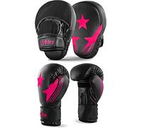 Lions Focus Pads and Gloves Set Boxing MMA Punch BagTraining Hook & Jab Mitts Curved (Star Pink, 10oz)