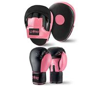 Lions Focus Pads and Gloves Set Boxing MMA Punch BagTraining Hook & Jab Punching Mitts Curved (10oz, Mesh-Pink)