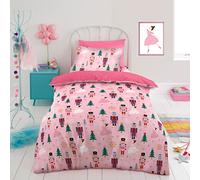 Lions Girls Bedding Set - 100% Microfibre Polyester, Christmas Duvet Set Single with Matching Pillowcase, Kids Xmas Reversible Printed Festive Quilt Covers, Easy Care, Pink, 137x200cm