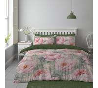 Lions Green Floral Bedding Set - Microfibre Soft Printed King Size Duvet Cover with Matching Pillowcase - 100% Polyester Reversible Flowers Print Quilt Covers, 230x220cm