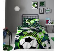 Lions Green Football Bedding Single Bed - Boys Duvet Cover Set with Matching Pillowcase (135 x 200 cm) - Soft Polycotton Reversible Soccer Printed Quilt Covers, Button Closure