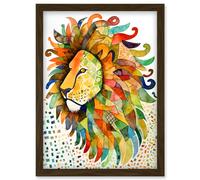 Lion's Head Multicoloured Folk Art Watercolour Painting Artwork Framed Wall Art Print A4 Artery8 Brown One Size