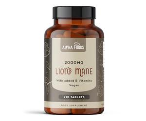 Lions Mane Mushroom Extract Supplement 2000mg | 210 High Strength Vegan Tablets with Black Pepper | High Potency Mushroom + B Vitamins B1-B2-B3-B5-B6 | Support Brain & Mental Performance | Alpha Foods