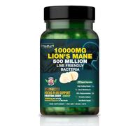 Lions Mane Supplement 10000mg High Strength Mushroom with 500 Million Probiotic Cultures | 20:1 Fruiting Body Extract | 50% Polysaccharides | 30 Vegan Capsules | Made in UK