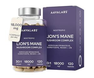 Lion's Mane Supplement 18,000mg (30:1 Extract) - 1 Capsule per Day | Contains Reishi & Cordyceps + Zinc - 3-Mushroom Nootropic Complex - 120 Capsules