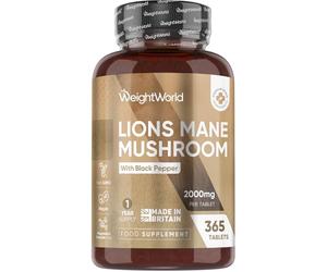 Lions Mane Supplement - 2000mg per Tablet - with 30mg Black Pepper - 365 Vegan Tablets - 1 Year Supply - 50% Polyphenols - Lion's Mane Mushroom 25:1 Extract - Made in the UK