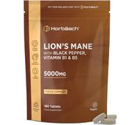 Lions Mane Supplement 5000mg with Vitamin B1, B5 & Black Pepper | Focus Complex & Mental Performance Supplement | Lion's Mane Mushroom 12:1 Extract | 180 Vegan Tablets | by Horbaach