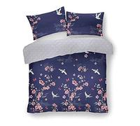 Lions Navy Blue Floral Bedding Set - Reversible Duvet Cover with Matching Pillowcase, King Size Bed, Super Soft 3 Piece Flower Quilt Covers, Button Closure, Girls Women