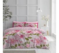 Lions Pink Floral Bedding Set - Microfibre Soft Printed King Size Duvet Cover with Matching Pillowcase - 100% Polyester Reversible Flowers Print Quilt Covers, 230x220cm