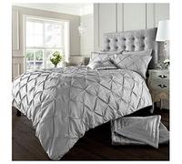 Lions Pintuck Silver Bedding Set - Pinch Pleated Duvet Cover King Size with Matching Pillowcase - Soft Quilt Covers, Polycotton Reversible Diamond Pattern, 230x220cm