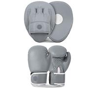 Lions Plain Classic Focus Pads and Gloves Set Boxing MMA Punch BagTraining Hook & Jab Punching Mitts Curved (14oz, Plain-Grey)
