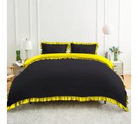 Lions Reversible Bedding - Ruffle Duvet Cover Set Double Bed Size - Black Ochre Bedding Sets with Matching Pillowcase, 100% Polyester, Soft Microfibre Frilly Quilt Covers, 200x200cm