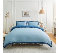 Lions Reversible Bedding - Ruffle Duvet Cover Set Single Bed Size - Blue Bedding Sets with Matching Pillowcase, 100% Polyester, Soft Microfibre Frilly Quilt Covers, 137x200cm