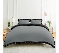 Lions Reversible Bedding - Ruffle King Size Duvet Cover Set - Charcoal Black Bedding Sets with Matching Pillowcase, 100% Polyester, Soft Microfibre Frilly Quilt Covers, 230x220cm