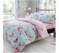 Lions Reversible Floral Bedding Set - Double Bed Duvet Cover Sets with Matching Pillowcase, Soft Printed Flowers Quilt Covers Linen, Poly Cotton, Blue, 3 Piece, 200x200cm