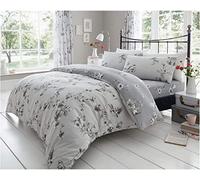 Lions Reversible Floral Bedding Set - Double Bed Duvet Cover Sets with Matching Pillowcase, Soft Printed Flowers Quilt Covers Linen, Poly Cotton, Grey, 3 Piece, 200x200cm