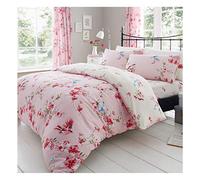 Lions Reversible Floral Bedding Set - Double Bed Duvet Cover Sets with Matching Pillowcase, Soft Printed Flowers Quilt Covers Linen, Poly Cotton, Pink, 3 Piece, 200x200cm